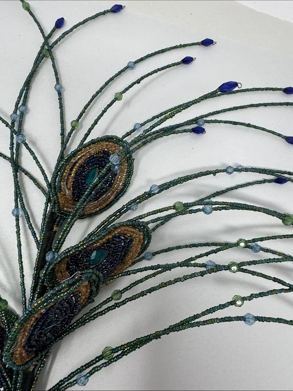 BEADED PEACOCK FEATHERS FOR A FLORAL ARRANGEMENT VASE DECOR ON STICK  RARE BOHO